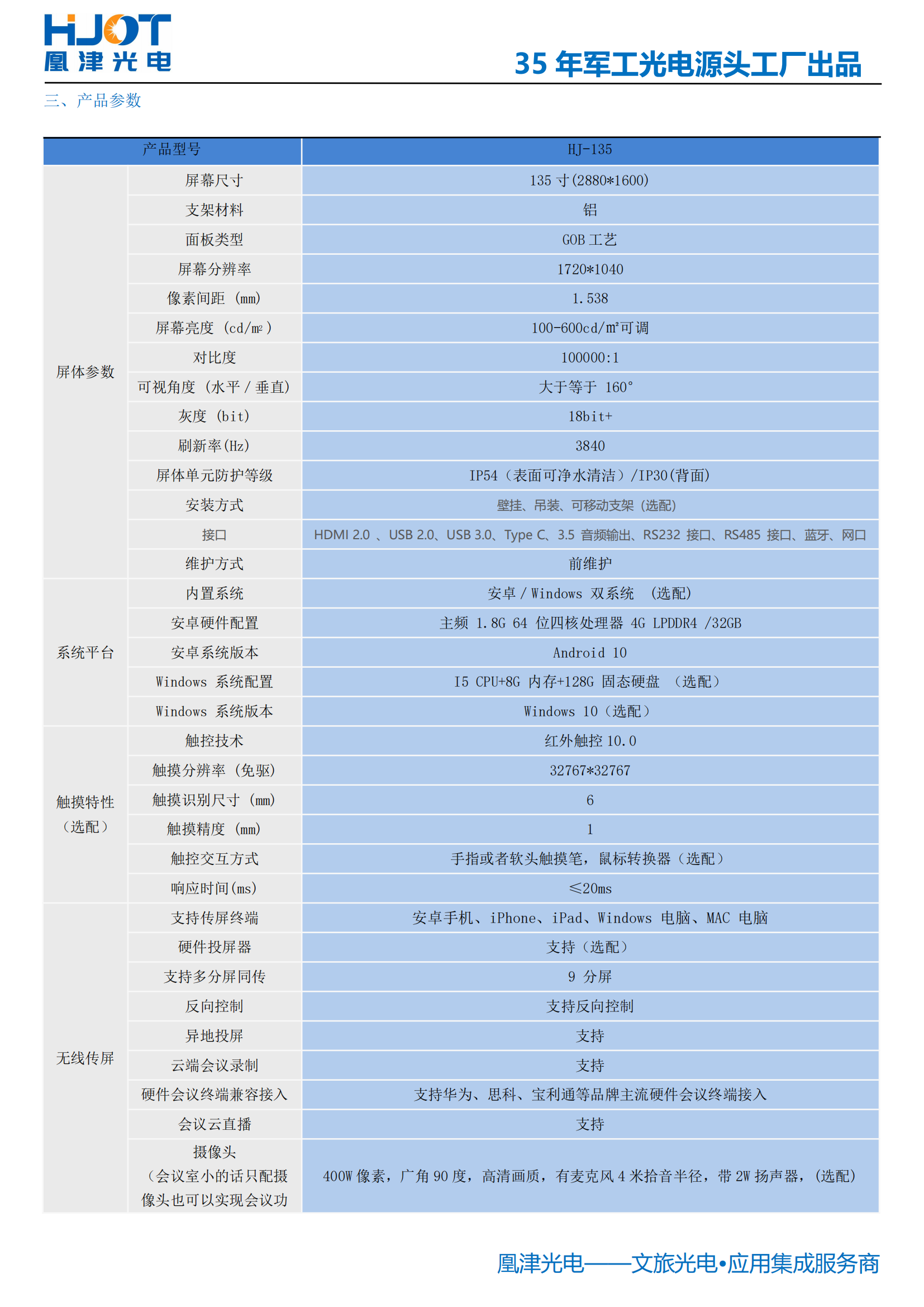 135寸LED会议一体机参数-凰津光电