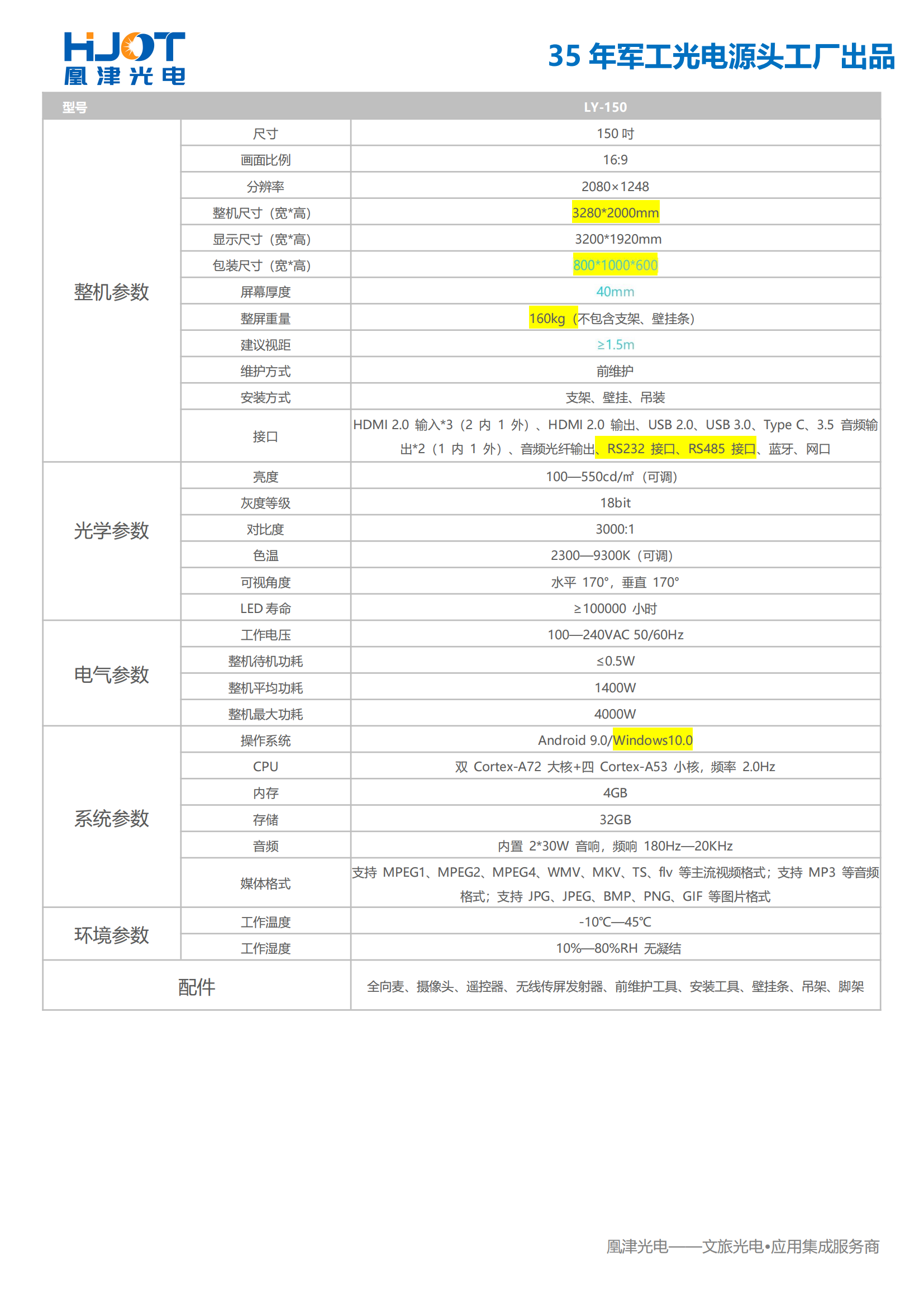 150寸LED会议一体机参数-凰津光电